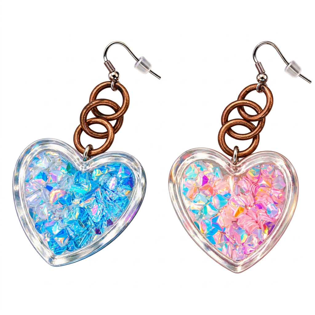 A pair of dangling heart-shaped earrings on a white background. Each earring has a clear heart pendant filled with iridescent flakes, one in blue and one in pink, hanging from three copper-colored loops and silver fishhook ear wires.