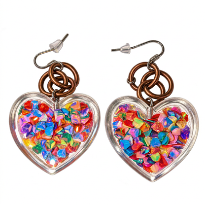 A pair of heart-shaped dangle earrings with iridescent multicolor heart-shaped stones inside a clear heart-shaped frame, hanging from copper-colored rings and silver fishhook wires, shown on a plain white background.