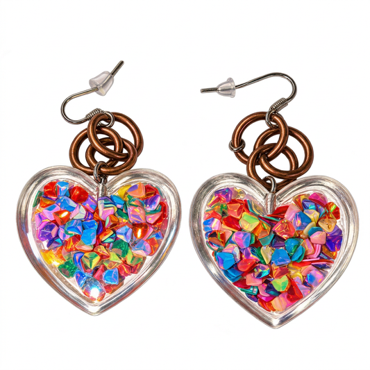A pair of heart-shaped dangle earrings with iridescent multicolor heart-shaped stones inside a clear heart-shaped frame, hanging from copper-colored rings and silver fishhook wires, shown on a plain white background.