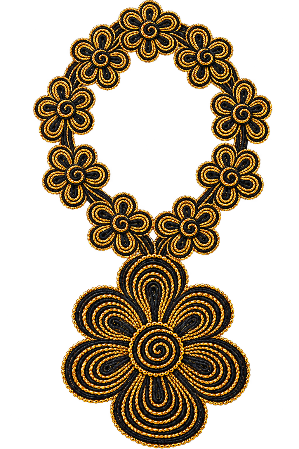 A decorative braided cord ornament or wreath made of black and gold floral motifs, shown isolated on a plain white background.