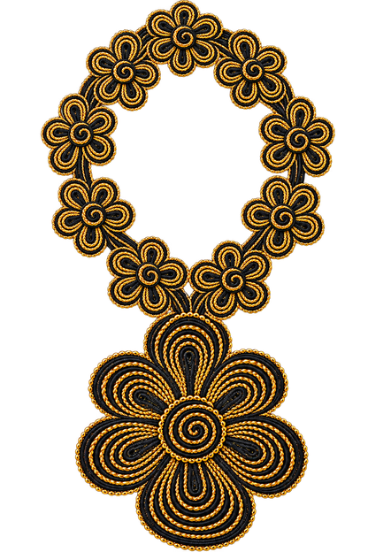 A decorative braided cord ornament or wreath made of black and gold floral motifs, shown isolated on a plain white background.