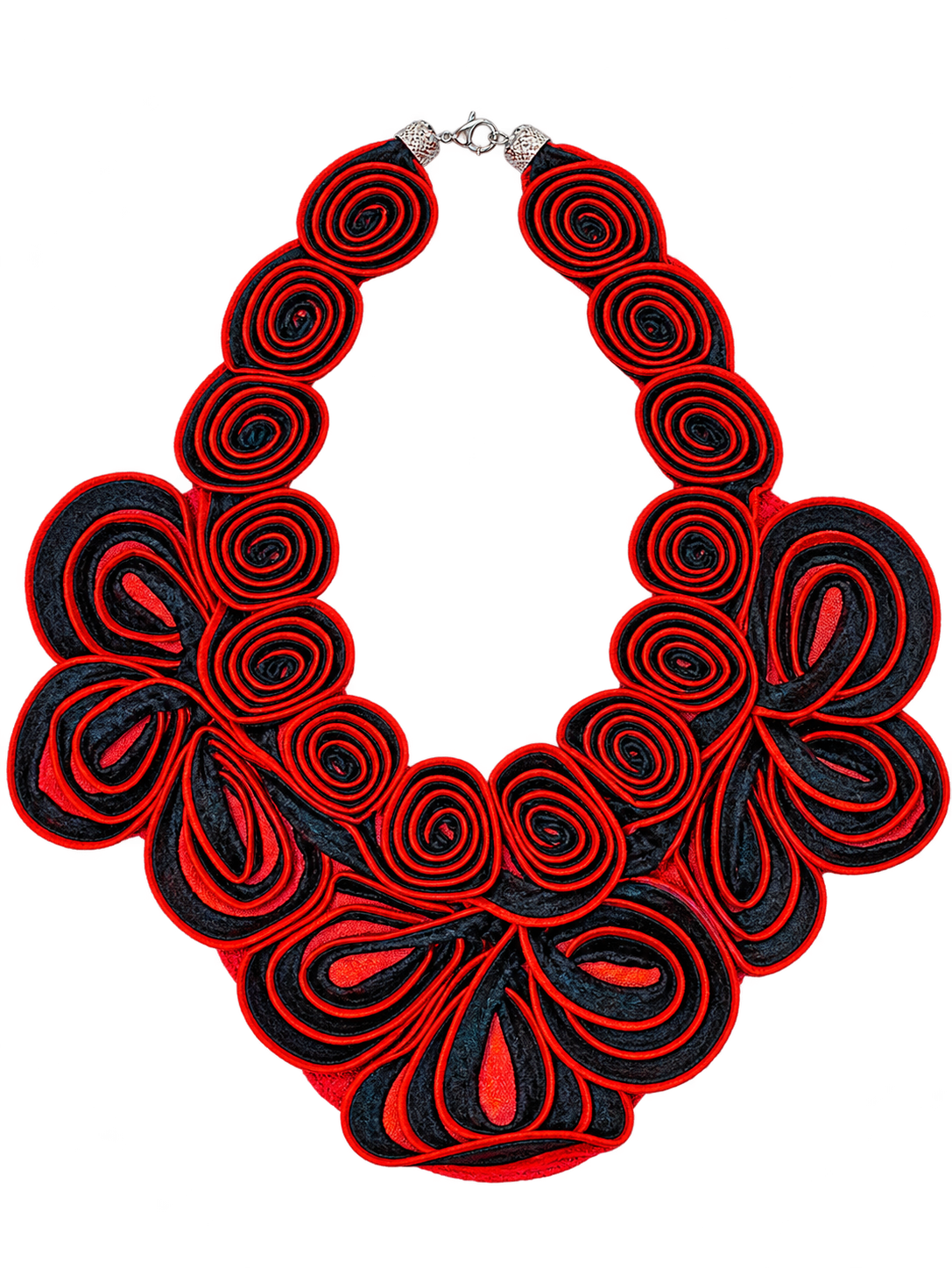 A bold statement bib necklace featuring layered red and black rolled fabric petals, with a silver-tone clasp at the top, shown against a plain white background.