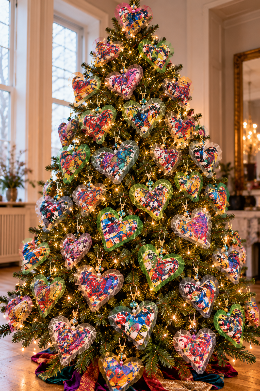 A decorated Christmas tree in a bright indoor room, covered with many colorful heart-shaped ornaments filled with small multicolored confetti or candy-like pieces, plus warm white string lights.
