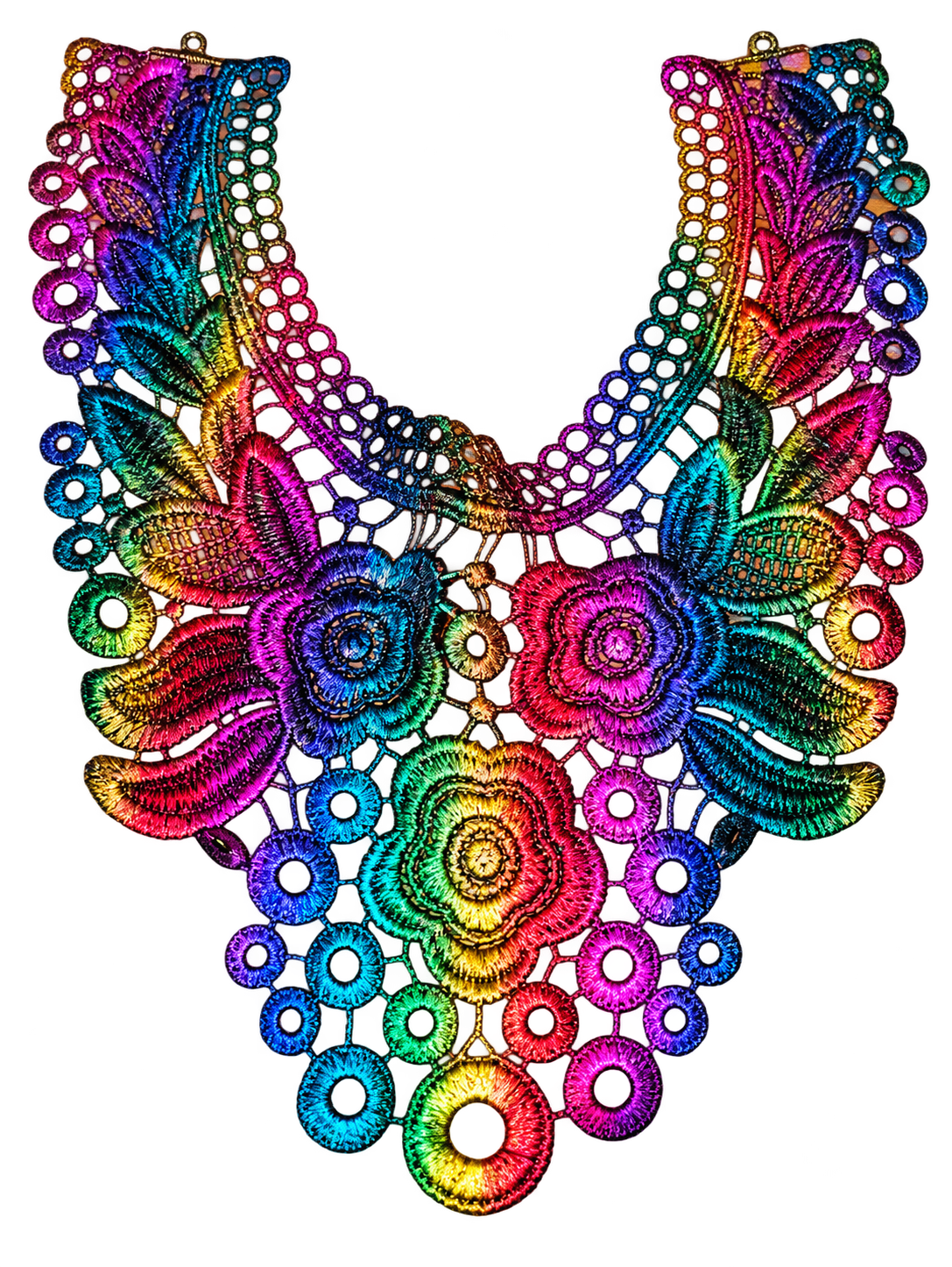 A vibrant, multicolor statement bib necklace featuring intricate floral and leaf patterns in a rainbow gradient of pink, purple, blue, green, and yellow, set against a solid white background.