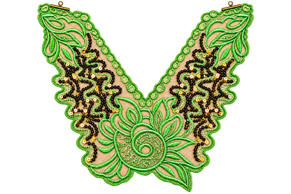A V-shaped embroidered applique or collar piece featuring bright green beaded leaf patterns, black beaded scrollwork, and a central spiral floral motif on a beige mesh backing, shown against a plain white background.