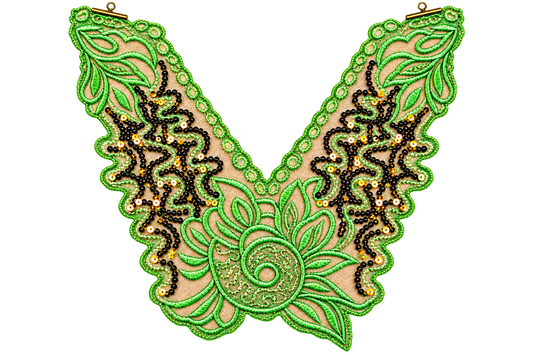 A V-shaped embroidered applique or collar piece featuring bright green beaded leaf patterns, black beaded scrollwork, and a central spiral floral motif on a beige mesh backing, shown against a plain white background.