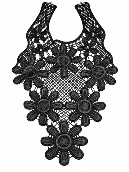 Black lace bib necklace with floral daisy patterns and a textured mesh center, shown on a plain white background.