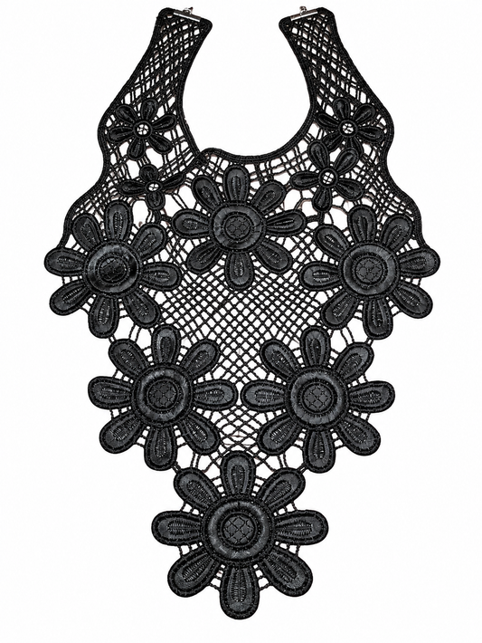 Black lace bib necklace with floral daisy patterns and a textured mesh center, shown on a plain white background.