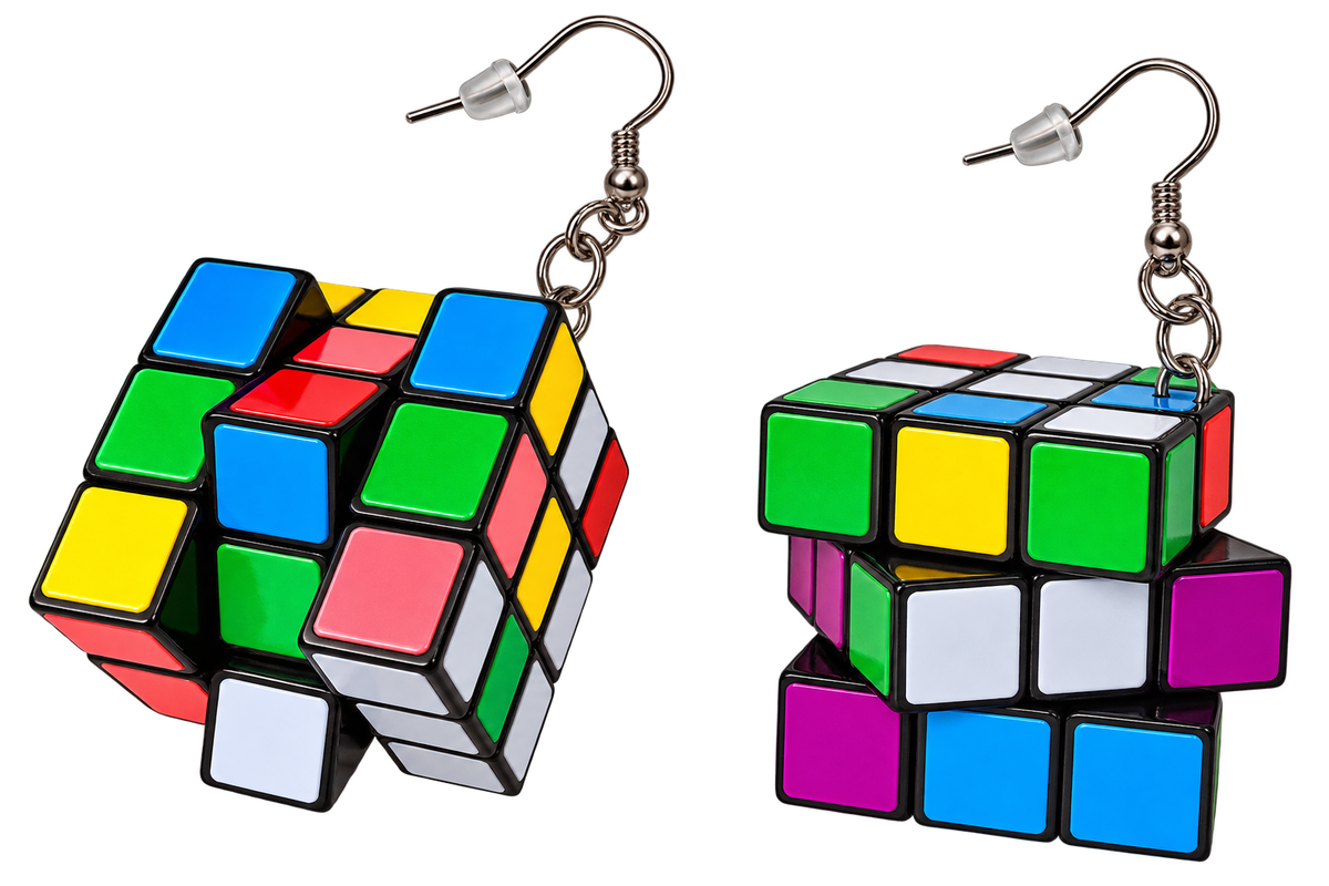 A pair of dangling earrings shaped like stacked Rubik's cubes, shown on a plain white background. One earring has a single cube dangle, and the other has two stacked cubes.