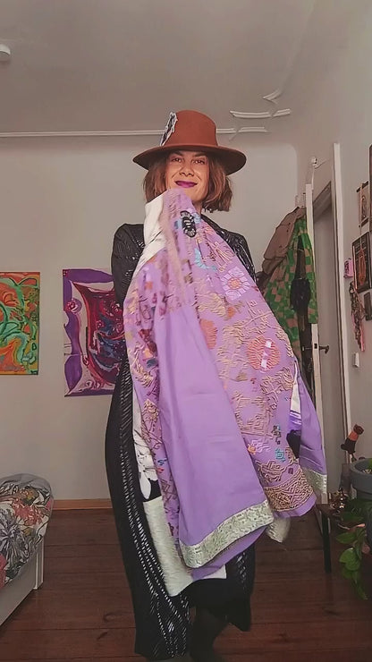 Yellow lila embroidery kimono